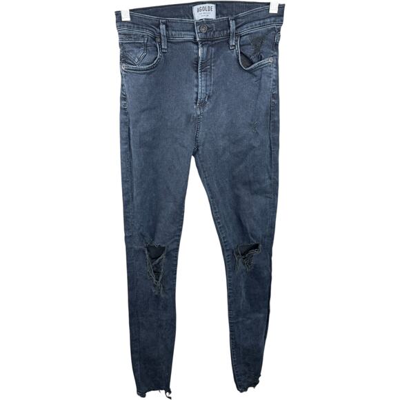 AGOLDE Black Distressed Skinny Jeans Women’s 27 High Rise Raw Hem Cotton Spandex - Picture 1 of 10